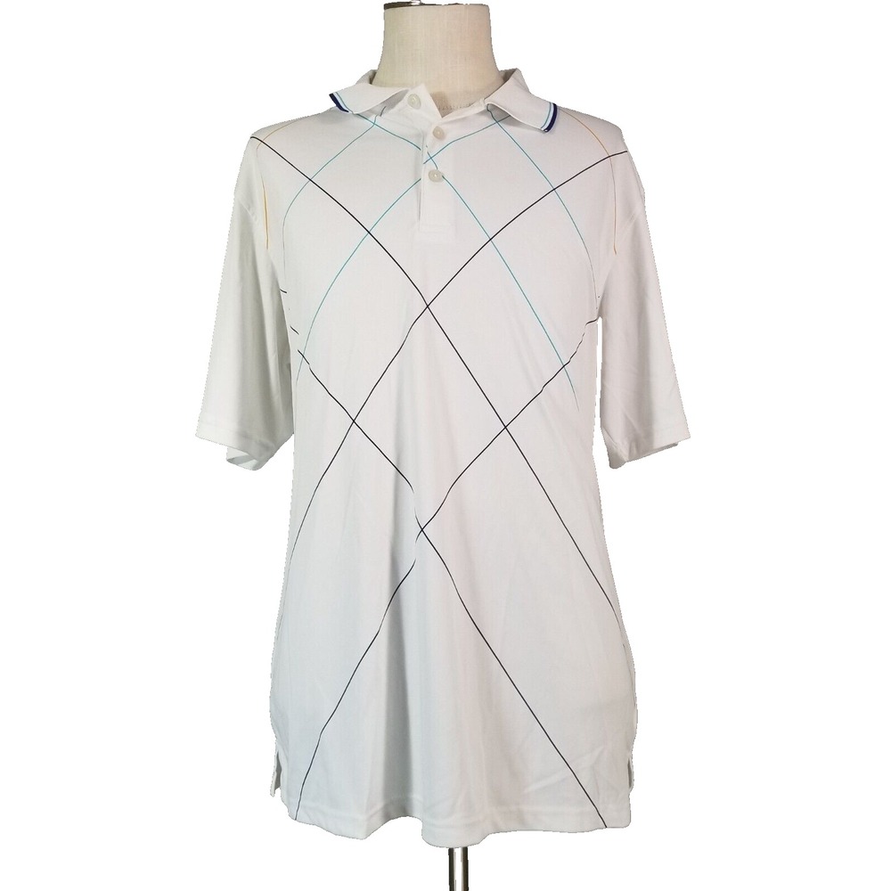 Nick Faldo Polo Shirt Men XL White Golf Plaid Dri-Fit Microfiber Short Sleeve